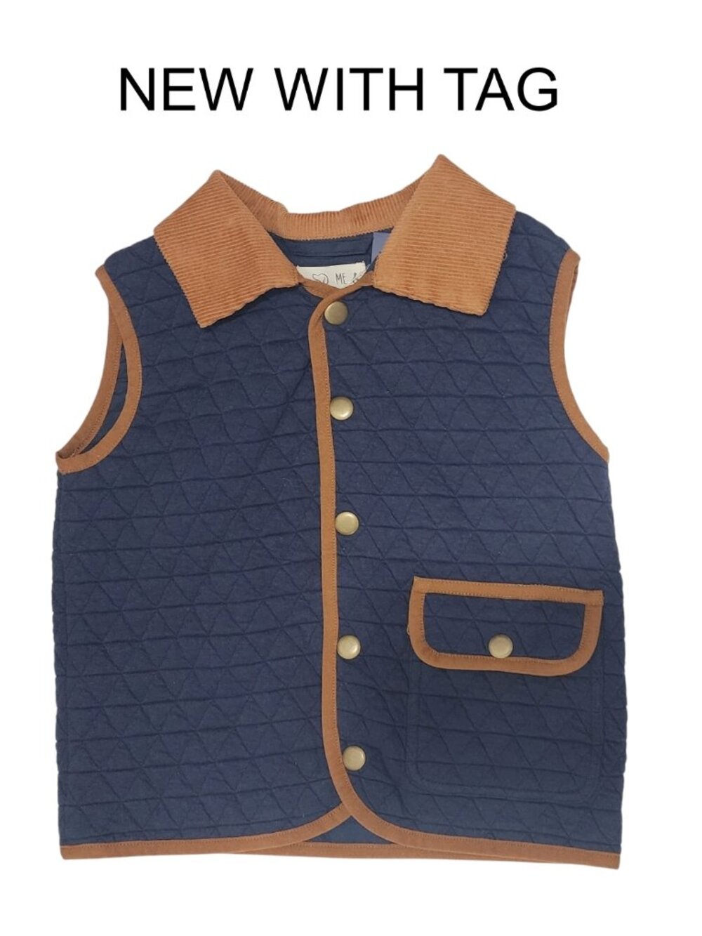 NWT - ME & HENRY Navy Quilted Vest with brown corduroy collar & trim - Size 5/6Y